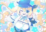  1girl artist_name black_gloves blonde_hair blue_headwear commentary cropped_jacket dokibird_(vtuber) fingerless_gloves gloves green_eyes hat highres indie_virtual_youtuber jacket jollyrose_art long_hair looking_at_viewer open_mouth shirt simple_background smile solo star_(symbol) symbol-only_commentary trophy twintails upper_body virtual_youtuber w white_background white_jacket white_shirt 