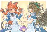  3girls animal_ears bird_wings black_bow black_bowtie bow bowtie braid brown_hair cat_ears cat_tail commentary_request green_bow hair_bow highres juliet_sleeves kaenbyou_rin komeiji_satori long_hair long_sleeves looking_at_viewer maid multiple_girls multiple_tails open_mouth puffy_sleeves purple_hair red_eyes red_hair reiuji_utsuho short_hair short_sleeves signature simple_background tail third_eye touhou twin_braids two_tails wings yamasina009 yellow_background 