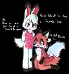 anthro bodily_fluids canid canine crying dominant_prey duo female food fox holding_food holding_object lagomorph leash leporid mammal meat prey_dom_predator_sub rabbit spitthesauce submissive_predator tears