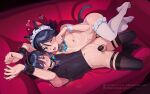  2boys animal_ears ball_gag black_hair black_thighhighs blue_eyes bound bound_arms cat_ears cat_tail chastity_cage couch frogzone_art gag genshin_impact highres maid_headdress multiple_boys nipples otoko_no_ko paw_pose penis purple_eyes scaramouche_(genshin_impact) smile tail testicles thighhighs venti_(genshin_impact) white_thighhighs wrist_cuffs yaoi 