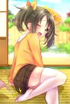 1girl 1other arm_support blue_sky blurry blurry_background blush bow breasts brown_eyes brown_hair brown_shorts cloud day dot_nose fence from_behind hair_bow hair_ribbon idolmaster idolmaster_cinderella_girls idolmaster_cinderella_girls_starlight_stage imai_kana jamu long_hair long_sleeves looking_at_viewer looking_back medium_breasts motion_lines one_eye_closed open_mouth paralyzed plaid plaid_shorts ribbon shirt shorts signature sitting sky speech_bubble tatami teeth thighhighs tree twintails upper_teeth_only veranda white_thighhighs wooden_fence yellow_ribbon yellow_shirt 