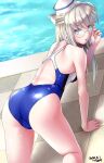  1girl adjusting_eyewear ahoge all_fours back blue_eyes blue_one-piece_swimsuit breasts glasses grey_hair hat heywood_l._edwards_(kancolle) highres kantai_collection long_hair looking_at_viewer medium_breasts one-piece_swimsuit pool poolside solo swimsuit tsuchimiya water 