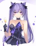  1girl bare_arms bare_shoulders black_choker black_dress black_gloves black_ribbon bow breasts champagne_flute choker collarbone commentary_request cone_hair_bun cup dress drinking_glass genshin_impact gloves hair_bun hair_ribbon highres holding holding_cup keqing_(genshin_impact) long_hair looking_at_viewer purple_bow purple_eyes purple_hair ribbon small_breasts solo strapless strapless_dress twintails ufotram upper_body very_long_hair 