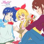  3girls aikatsu! aikatsu!_(series) blonde_hair blue_eyes blue_hair blush brown_hair can cardigan_vest collared_shirt cup hairband holding holding_can holding_cup hoshimiya_ichigo jacket jewelry kiriya_aoi long_hair miyahara_takuya multiple_girls necklace open_clothes open_jacket open_mouth purple_eyes red_eyes shibuki_ran shirt side_ponytail sitting skirt smile 