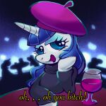 alcohol beret beverage blue_eyes chipchapp clothed clothing container cup drinking_glass english_text equid equine eyelashes eyeshadow female feral friendship_is_magic glass glass_container glass_cup hair hasbro hat headgear headwear hi_res hooves horn long_hair makeup mammal my_little_pony mythological_creature mythological_equine mythology open_mouth purple_hair rarity_(mlp) solo sweater text topwear unicorn unicorn_horn white_body wine wine_glass