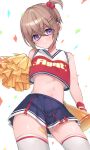  alternate_costume bandaid_on_thigh blush breasts cheerleader crop_top hair_between_eyes hair_bobbles hair_ornament highres holding holding_pom_poms kimi_no_koto_ga_dai_dai_dai_dai_daisuki_na_100-nin_no_kanojo kngu0511 light_brown_hair looking_at_viewer megaphone midriff navel nervous_smile pleated_skirt pom_pom_(cheerleading) purple_eyes short_hair side_ponytail skirt small_breasts smile solo sutou_iku thighhighs white_thighhighs 