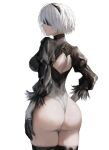  1girl 2b_(nier:automata) ass back_cutout black_blindfold black_gloves black_hairband black_thighhighs blindfold breasts closed_mouth clothing_cutout commentary covered_eyes facing_to_the_side feather-trimmed_sleeves from_behind gloves hairband highres juliet_sleeves large_breasts leotard long_sleeves nier:automata nier_(series) puffy_sleeves raberu_ruru short_hair solo thighhighs thong_leotard white_background white_hair white_leotard 
