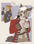 absurd_res anthro beverage blonde_hair blue_eyes canid canine classy clothing coat duo edgar_vladilisitsa fox fur grey_body grey_fur hair hi_res male mammal maxwell_(tatujapa) red_clothing red_coat red_topwear tatujapa tea topwear