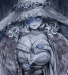  1girl breasts cleavage cloak collarbone colored_skin covered_nipples curly_hair dress elden_ring english_commentary extra_arms fur_cloak grey_cloak grey_dress grey_eyes grey_skin hand_on_own_chest hat huge_breasts light_particles long_hair looking_at_viewer noiretox one_eye_closed ranni_the_witch sketch solo upper_body witch witch_hat 