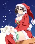  1girl atelier-moo bell black_hair boots breasts cleavage closed_mouth collarbone cup curtained_hair hair_between_eyes hat large_breasts lasting_anthem luna_soma miniskirt night night_sky red_eyes santa_costume santa_hat sitting skirt sky solo zettai_ryouiki 