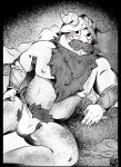  1boy bara beard belly blush bracer brown_hair bulge dungeon_meshi dwarf dylanpynk_art excessive_pubic_hair facial_hair fake_horns feet_out_of_frame full_beard fundoshi greyscale helmet horned_helmet horns japanese_clothes large_pectorals long_beard looking_to_the_side male_focus mature_male monochrome muscular muscular_male navel navel_hair nipples pectorals plump pubic_hair senshi_(dungeon_meshi) sitting solo spot_color spread_legs thick_beard thick_mustache very_long_beard 