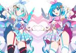  2girls alternate_costume armpits bare_shoulders black_thighhighs blue_cape blue_hair blue_skirt cape detached_sleeves detached_wings energy_wings garter_straps gloves grey_hair hair_ribbon hairband heart heart_hands heart_hands_duo ico_(megaman_x_dive) kaidou_zx magical_girl medium_hair mega_man_(series) mega_man_x_(series) mega_man_x_dive multiple_girls pink_cape pink_skirt print_skirt ribbon rico_(mega_man) robot_girl short_hair skirt thighhighs thighs v white_gloves white_thighhighs wings zettai_ryouiki 