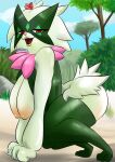anthro areola big_breasts breasts female forest forest_background generation_9_pokemon hanging_breasts hi_res meowscarada nature nature_background nintendo nipples plant pokemon pokemon_(species) sarctrue solo tan_areola tan_nipples tree