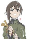  1girl brown_eyes brown_hair bugle hair_ornament hairclip helvetian_military_uniform instrument looking_at_viewer military_uniform miyahara_takuya short_hair simple_background smile solo sora_no_woto sorami_kanata uniform upper_body white_background 