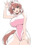  1girl animal_ears breasts brown_eyes brown_hair character_request competition_swimsuit cowboy_shot highleg highleg_swimsuit highres horse_ears horse_girl horse_tail large_breasts one-piece_swimsuit pataneet pink_one-piece_swimsuit short_hair simple_background solo swimsuit tail umamusume white_background 