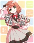  1girl bow bowtie character_name dated frilled_shirt_collar frills grid_background hand_on_own_hip happy_birthday hat head_tilt highres idol_clothes jacket kanduki_kamibukuro long_sleeves looking_at_viewer love_live! love_live!_nijigasaki_high_school_idol_club medium_hair mini_hat multicolored_background pink_hair plaid_capelet ribbon salute shirt smile solo swept_bangs uehara_ayumu walking_dream white_shirt yellow_eyes 