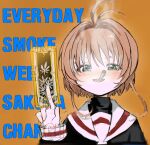  1girl blush brown_hair cardcaptor_sakura clow_card green_eyes kinomoto_sakura kokaki_mumose open_mouth sailor_collar school_uniform short_hair smoking smug solo tomoeda_elementary_school_uniform turtleneck white_sailor_collar 