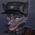 1:1 2022 adversarial_noise anthro blue_eyes bust_portrait canid canine canis clothed clothing digital_media_(artwork) foxhole:_persistant_online_warfare fur hair hat headgear headwear hi_res igni looking_at_viewer male mammal portrait screencap_(artist) shaded signature simple_background solo uniform wolf