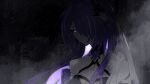  1girl acheron_(honkai:_star_rail) bare_shoulders black_sclera cityscape colored_sclera commentary fog glowing glowing_eye glowing_hair hair_ornament halterneck highres honkai:_star_rail honkai_(series) jacket long_hair looking_down messy_hair monochrome one_eye_covered purple_hair rain spot_color white_jacket yukiharuorent 