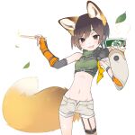  1girl :d animal_ears armor armpits asymmetrical_legwear bowl breasts brown_eyes brown_hair brown_shorts chopsticks commentary cosplay cowboy_shot crop_top cropped_sweater cup_ramen don_gitsune don_gitsune_(cosplay) donbee_(food) donbee_kitsune_udon elbow_gloves fang final_fantasy final_fantasy_vii final_fantasy_vii_remake fingerless_gloves fishnet_thighhighs fishnets forehead_protector fox_ears fox_girl fox_tail gloves green_headband green_sweater groin hair_between_eyes headband highres holding holding_bowl holding_chopsticks instant_udon leaf looking_at_viewer midriff navel nissin open_fly open_mouth orange_gloves pauldrons ribbed_sweater short_hair short_shorts shorts shoulder_armor simple_background single_bare_shoulder single_pauldron skin_fang sleeveless sleeveless_turtleneck small_breasts smile solo sparkle standing steam sweater tail thigh_gap thighhighs transpot_nonoko turtleneck turtleneck_sweater white_background yuffie_kisaragi 