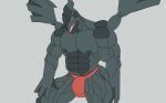 abs anthro big_nipples black_body black_nipples black_scales bulge clothed clothing dragon erect_nipples generation_5_pokemon grey_background hi_res legendary_pokemon male muscular muscular_male mythological_creature mythological_scalie mythology nintendo nipples open_mouth pecs pokemon pokemon_(species) red_clothing red_sclera red_underwear scales scalie secromon sharp_teeth simple_background solo teeth underwear underwear_only wings zekrom