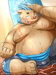 2024 absurd_res anthro belly big_belly bottomwear brown_body bulge clothing gouryou hi_res inunodaidokoro kemono lifewonders male mammal moobs nipples overweight overweight_male pants sitting solo suid suina surfboard sus_(pig) tokyo_afterschool_summoners water wet wild_boar