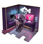  1girl absurdres ahoge at_computer barefoot black_bra bra breasts chair cleavage_cutout clothing_cutout dress gaming_chair gradient_hair grey_hair haikuyomi_(819) hair_between_eyes hair_ornament hair_ribbon hairpin henya_the_genius henya_the_genius_(1st_costume) highres long_bangs long_hair looking_at_viewer monitor multicolored_hair open_mouth purple_dress purple_hair purple_ribbon ribbon small_breasts smile solo swivel_chair two_side_up underwear virtual_youtuber vshojo yellow_eyes 