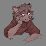 5_fingers anthro arloromantic brown_eyes clothing domestic_cat fangs_bared felid feline felis fingers fur grey_body grey_fur hand_on_cheek hi_res looking_away male mammal red_clothing red_sweater red_topwear slim_anthro slim_male solo sweater topwear