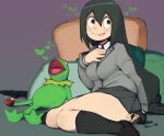 2024 amphibian anthro asui_tsuyu bed clothed clothing duo female frog furniture green_body hatsumiilkshake heart_symbol human kermit_the_frog male mammal muppets my_hero_academia on_bed open_mouth open_smile sitting sitting_on_bed smile tongue tongue_out