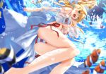  :d ass bare_legs barefoot bikini blonde_hair blurry breasts cleavage clownfish commentary_request depth_of_field eyebrows_visible_through_hair fate/grand_order fate_(series) fish foreshortening from_below front-tie_top green_eyes hair_between_eyes hair_intakes hair_ribbon highres large_breasts long_hair nero_claudius_(fate)_(all) nero_claudius_(swimsuit_caster)_(fate) open_mouth petals ribbon side-tie_bikini smile solo striped striped_bikini swimsuit tsuuhan underboob underwater 
