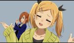  2girls blonde_hair blue_jacket blush brown_hair cardigan closed_eyes facing_viewer green_cardigan hair_ornament hairclip hashtag_only_commentary jacket miyahara_takuya miyamori_aoi mole mole_under_eye multiple_girls open_clothes open_jacket open_mouth parody shirobako short_twintails twintails umamusume umapyoi_densetsu upper_body yano_erika 