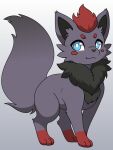 absurd_res blue_eyes canid chest_tuft feral fur generation_5_pokemon grey_body grey_fur hair hi_res light lighting looking_at_viewer male mammal momobutt neck_tuft nintendo paws pokemon pokemon_(species) red_hair shaded solo tail tuft zach_(yzzie) zorua