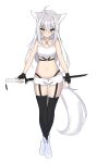  1girl absurdres animal_ear_fluff animal_ears bare_shoulders black_gloves black_thighhighs boots breasts closed_mouth collarbone commentary_request crossed_legs fingerless_gloves fox_ears fox_girl fox_tail full_body gloves grey_eyes grey_footwear grey_hair hair_between_eyes heterochromia highres holding holding_sword holding_weapon katana kuronagi_(mitora_uwu) long_hair looking_at_viewer navel o-ring o-ring_top open_clothes open_fly open_shorts original short_shorts shorts simple_background small_breasts solo standing sword tail thighhighs thighhighs_under_boots very_long_hair weapon white_background white_shorts yellow_eyes 