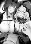  1boy 2girls absurdres aisutei black_swan_(honkai:_star_rail) blush breast_press breasts caelus_(honkai:_star_rail) cleavage commentary_request eyewear_on_head gloves greyscale hetero highres honkai:_star_rail honkai_(series) jacket jacket_on_shoulders kafka_(honkai:_star_rail) large_breasts monochrome multiple_girls pov sunglasses symmetrical_docking trailblazer_(honkai:_star_rail) veil 