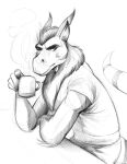 anthro beverage clothing coffee coffee_cup coffee_mug container cup digital_media_(artwork) dragon equid equine fur fur_markings furniture hair hi_res holding_object horn horse hybrid looking_at_viewer male mammal markings mikeknight19 monochrome mythological_creature mythological_scalie mythology scalie side_eye simple_background sketch solo spud steam tail topwear voidpotato white_background