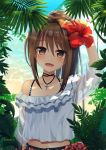  arm_up beach brown_eyes brown_hair commentary_request crop_top cross cross_necklace day fang flower hair_flower hair_ornament hibiscus jewelry looking_at_viewer navel necklace nnyara original ponytail see-through shirt twitter_username upper_body white_shirt 