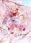  1girl :d angel_wings blonde_hair blue_eyes bow bowtie capelet cherry_blossoms day dress enoki_3106 footwear_bow happy hat hat_bow highres kirby lily_white long_hair long_sleeves outdoors red_bow red_bowtie smile touhou tree very_long_hair white_capelet white_dress white_footwear white_headwear wide_sleeves wings 