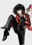  absurdres black_hair black_pants cigarette coat highres jellying leg_up limbus_company looking_at_viewer pants project_moon red_coat ryoshu_(project_moon) sword weapon 