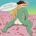 absurd_res anthro butt candy clothing cowboy cowboy_hat crocodile crocodilian crocodylid dessert feet food food_creature gummigoo_(the_amazing_digital_circus) gummy_(food) gummy_creature hat headgear headgear_only headwear headwear_only hi_res kneeling kneeling_on_ground living_candy male mostly_nude nel0 nude reptile scalie solo the_amazing_digital_circus