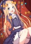 abigail_williams_(fate/grand_order) benitsuki_tsubasa black_dress black_hat blonde_hair bloomers blue_eyes blush bow commentary_request dress fate/grand_order fate_(series) forehead hair_bow hat holding holding_stuffed_animal horn keyhole lavinia_whateley_(fate/grand_order) light_particles long_hair minigirl multiple_girls orange_bow pale_skin sleeves_past_fingers sleeves_past_wrists solo_focus stuffed_animal stuffed_toy teddy_bear underwear white_bloomers white_hair 