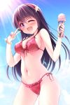  asamiya_athena bikini blue_sky bracelet cloud cowboy_shot day food frilled_bikini frills front-tie_top gradient_sky hairband ice_cream ice_cream_cone jewelry light_rays long_hair naoki_(endofcentury102) navel one_eye_closed open_mouth purple_eyes purple_hair red_bikini red_hairband side-tie_bikini sky smile solo sunbeam sunlight swimsuit the_king_of_fighters the_king_of_fighters_'97 the_king_of_fighters_xii 