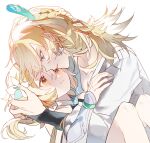  1boy 1girl blonde_hair bridal_gauntlets closed_mouth earrings feather_hair_ornament feathers genshin_impact hair_ornament highres jewelry kaveh_(genshin_impact) light_blush looking_at_another lumine_(genshin_impact) penzi_(mok_pen) red_eyes shirt short_hair white_background white_shirt yellow_eyes 