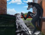  2018 after_sex alley animal_genitalia animal_penis anthro anthro_on_anthro balls barbed_penis black_fur black_nose black_penis blue_eyes canine canine_penis claws cloud cum cum_drip cum_on_feet detailed_background digital_media_(artwork) digitigrade dripping dumpster duo english_text erection feet feline foot_fetish foot_lick foot_worship fox foxcat fur grin hands_behind_back hi_res hybrid hybrid_penis kneeling knot kyre leopard licking looking_down male male/male mammal messy multicolored_fur nude open_mouth orange_eyes outside pawpads paws penis penis_tip public sheath sky smile snow_leopard snowfoxatheart spots spotted_fur standing submissive submissive_male teeth text tongue tongue_out train two_tone_fur vehicle wolf 