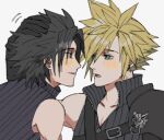  2boys age_difference armor black_hair blonde_hair blue_eyes blush cloud_strife commentary crisis_core_final_fantasy_vii earrings final_fantasy final_fantasy_vii final_fantasy_vii_advent_children grey_background hand_on_another&#039;s_head happy headpat high_collar imminent_kiss in-franchise_crossover jewelry looking_at_another male_focus mtr_dayoo multiple_boys muscular muscular_male open_mouth pauldrons short_hair shoulder_armor shoulder_strap simple_background sleeveless sleeveless_turtleneck smile spiked_hair stud_earrings turtleneck upper_body yaoi zack_fair 