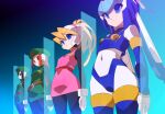  4girls android beret black_bodysuit black_hair blank_eyes blonde_hair blue_eyes blue_headwear bodysuit bodysuit_under_clothes braid ciel_(mega_man) dress fairy_leviathan_(mega_man) forehead_jewel green_dress green_headwear hat helmet high_ponytail kaidou_zx long_hair mega_man_(series) mega_man_zero_(series) multiple_girls pink_skirt red_eyes red_hair robot robot_ears shirt short_hair skirt sleeveless sleeveless_shirt thighhighs uniform unnamed_female_soldier_(mega_man_zero) 