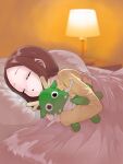  1girl absurdres bed blanket brown_hair commentary_request forehead hatomugi_(user_datj4345) highres holding holding_toy karakai_jouzu_no_takagi-san lamp lying on_side pillow sleeping solo stuffed_animal stuffed_dragon stuffed_toy takagi-san toy 