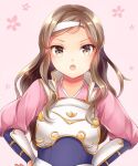  1girl arm_guards armor ayame_(norie11) brown_eyes brown_hair fire_emblem fire_emblem_fates hana_(fire_emblem) headband japanese_armor japanese_clothes long_hair looking_at_viewer open_mouth 