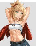  abs armpits arms_up bandeau belt belt_buckle black_belt blonde_hair blush braid breasts buckle collarbone covered_nipples denim denim_shorts eyebrows_visible_through_hair fate/apocrypha fate_(series) green_eyes grey_background hair_ornament hair_scrunchie jacket jewelry looking_at_viewer midriff mikoyan mordred_(fate) mordred_(fate)_(all) muscle muscular_female navel necklace scrunchie short_hair short_shorts shorts sidelocks simple_background small_breasts smile solo zipper zipper_pull_tab 