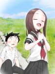  1boy 1girl absurdres black_hair black_pants blue_sky blush brown_hair cloud collared_shirt commentary_request grass hands_on_own_chest hatomugi_(user_datj4345) highres karakai_jouzu_no_takagi-san nishikata open_mouth pants pleated_skirt school_uniform serafuku shirt sitting sitting_on_stairs skirt sky stairs takagi-san 