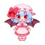  1girl ascot bat_wings blue_hair blush_stickers chibi dress fang frilled_dress frilled_sleeves frilled_wrist_cuffs frills hair_between_eyes hat highres inukkomaru looking_at_viewer mob_cap open_mouth pink_dress pink_eyes pink_headwear pink_ribbon red_ascot remilia_scarlet ribbon short_hair simple_background skin_fang smile solo standing touhou white_background wings wrist_cuffs 